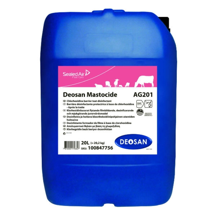 Deosan Mastocide 20,2 kg – żel do dezynfekcji strzyków po udoju, zawierający 0,5% chlorheksydyny, fioletowy, zmiękczający skórę i odstraszający muchy