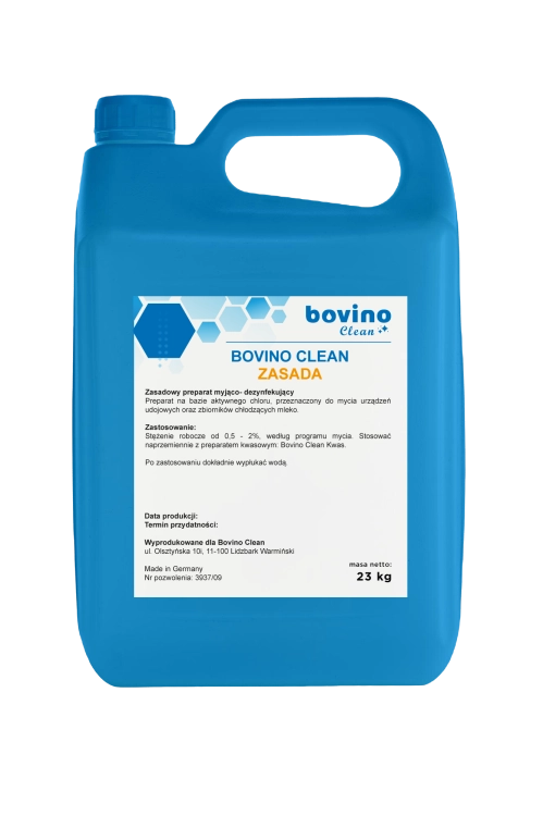 Bovino Clean Zasada 23 kg – alkaliczny preparat myjąco-dezynfekujący na bazie podchlorynu sodu i wodorotlenku potasu do czyszczenia instalacji udojowych i usuwania zanieczyszczeń organicznych i nieorganicznych
