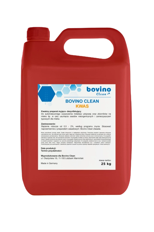 Bovino Clean Kwas 25 kg – kwaśny środek myjący na bazie kwasu azotowego do czyszczenia instalacji udojowych i usuwania osadów wapiennych