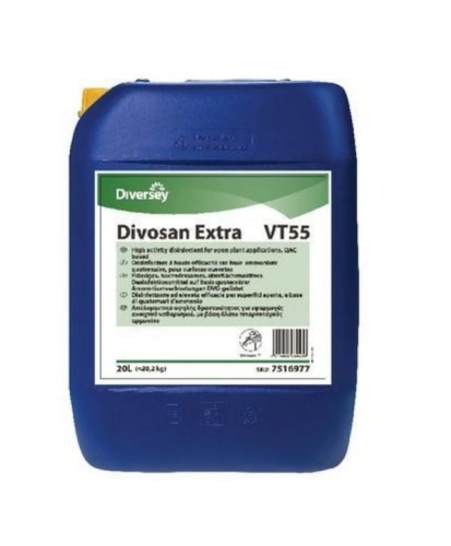 Divosan Extra VT55 20,2 kg – koncentrat dezynfekcyjny na bazie czwartorzędowych soli amoniowych (QAC), przeznaczony do dezynfekcji powierzchni w przemyśle spożywczym, napojowym i mleczarskim