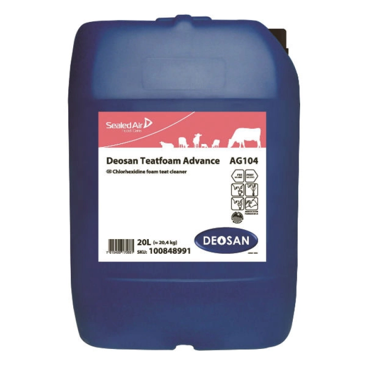 Deosan Teatfoam 20 L – gotowy do użycia płynny preparat w postaci pianki do higieny strzyków przed i po udoju, zawierający chloroheksydynę, biguanidynę, olejek eukaliptusowy i glicerynę